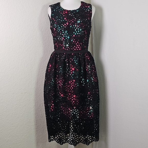 Wolven Anthropologie Women's Terrace Black Lace Overlay Floral Sheath Dress Sz 4 - Picture 1 of 15